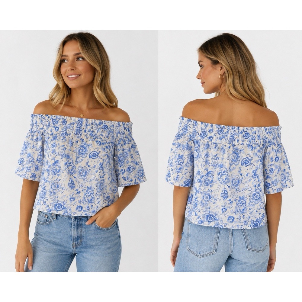 Crown & Ivy Women's M Blue & White Floral Off The Shoulder Top Cottagecore